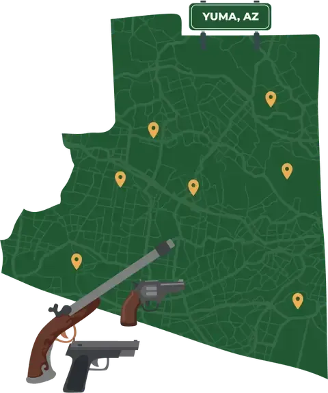 Picture of Yuma, Arizona City Map with Yuma sign on it and places that we buy guns from.