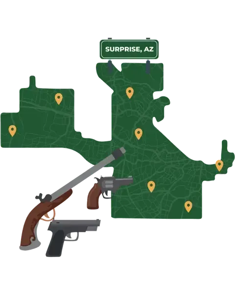 Picture of Surprise, Arizona City Map with Surprise sign on it and places that we buy guns from.