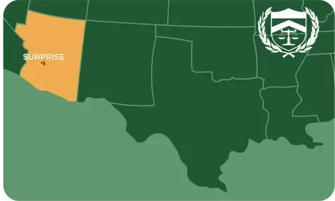 State map with Surprise, Arizona highlighted, showing that Cash for Arms purchases guns in Surprise