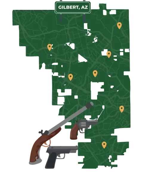 Picture of Gilbert, Arizona City Map with Gilbert sign on it and places that we buy guns from.