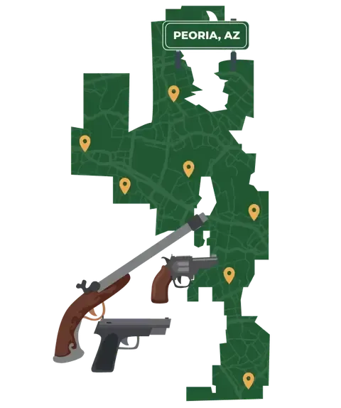 Picture of Peoria, Arizona City Map with Peoria sign on it and places that we buy guns from.