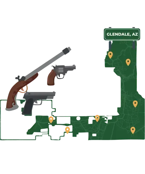 Picture of Glendale, Arizona City Map with Glendale sign on it and places that we buy guns from.
