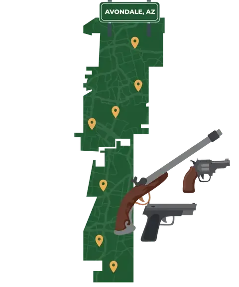 Picture of Avondale, Arizona City Map with Avondale sign on it and places that we buy guns from.