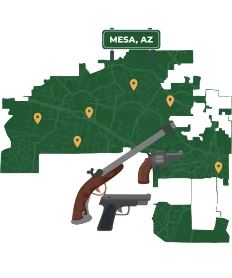 Picture of Mesa, Arizona City Map with Mesa sign on it and places that we buy guns from.