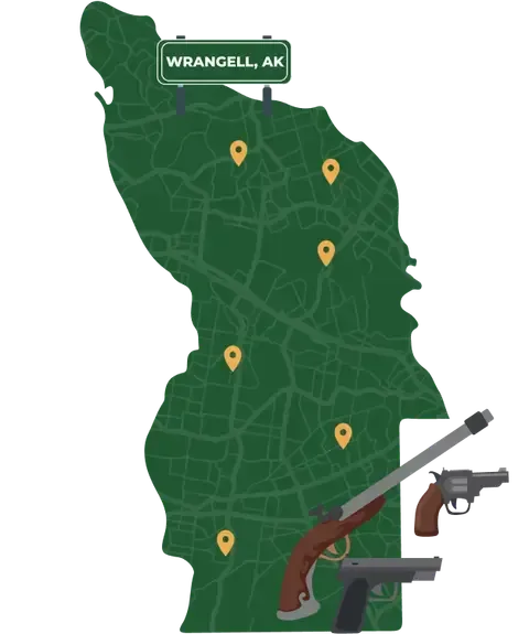 Picture of Wrangell, Alaska City Map with Wrangell sign on it and places that we buy guns from.
