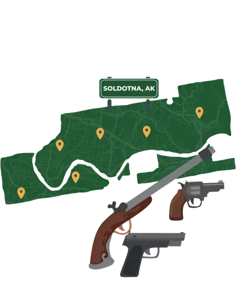 Picture of Soldotna, Alaska City Map with Soldotna sign on it and places that we buy guns from.
