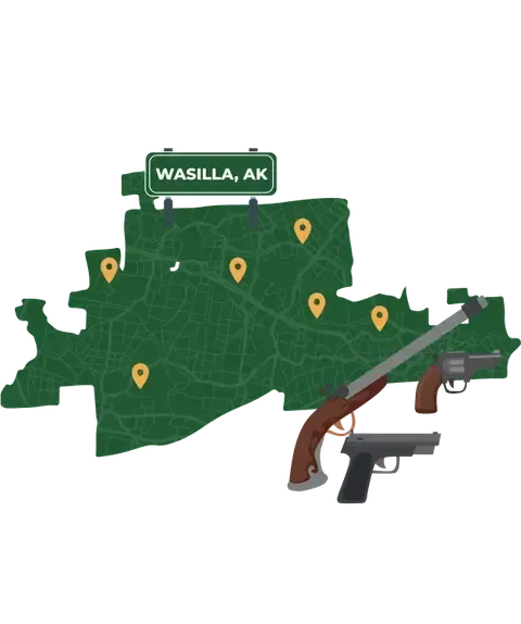 Picture of Wasilla, Alaska City Map with Wasilla sign on it and places that we buy guns from.