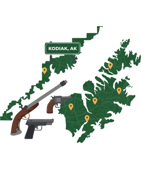 Picture of Kodiak, Alaska City Map with Kodiak sign on it and places that we buy guns from.