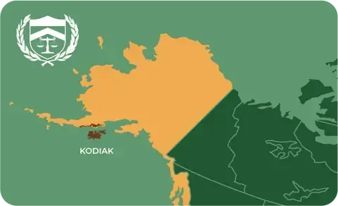 State map with Kodiak, Alaska highlighted, showing that Cash for Arms purchases guns in Kodiak