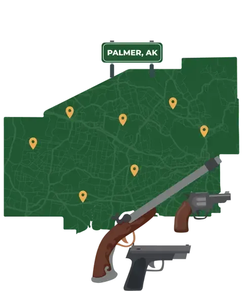 Picture of Palmer, Alaska City Map with Palmer sign on it and places that we buy guns from.