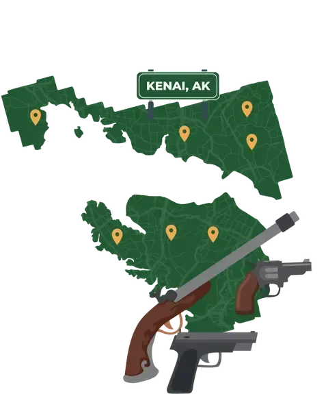 Picture of Kenai, Alaska City Map with Kenai sign on it and places that we buy guns from.