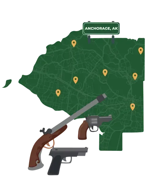 Picture of Anchorage, Alaska City Map with Anchorage sign on it and places that we buy guns from.