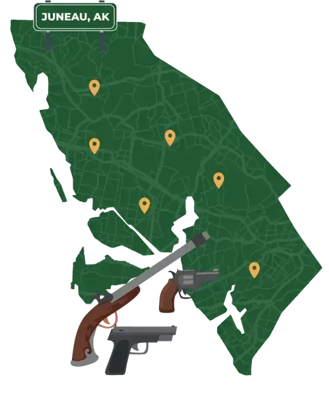 Picture of Juneau, Alaska City Map with Juneau sign on it and places that we buy guns from.