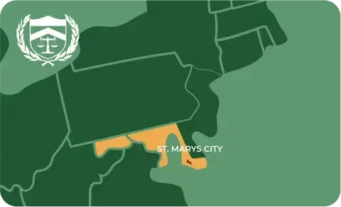 State map with St. Marys City, Maryland highlighted, showing that Cash for Arms purchases guns in St. Marys City