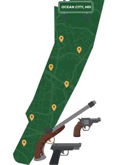 Picture of Ocean City, Maryland City Map with Ocean City sign on it and places that we buy guns from.