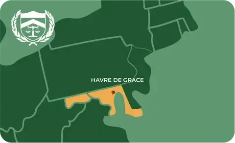 State map with Havre de Grace, Maryland highlighted, showing that Cash for Arms purchases guns in Havre de Grace