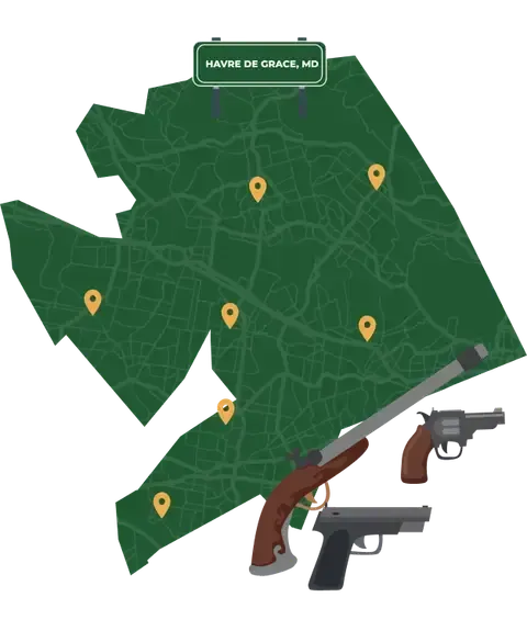 Picture of Havre de Grace, Maryland City Map with Havre de Grace sign on it and places that we buy guns from.