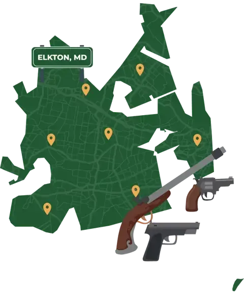 Picture of Elkton, Maryland City Map with Elkton sign on it and places that we buy guns from.