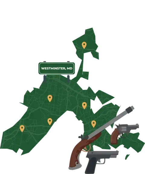 Picture of Westminster, Maryland City Map with Westminster sign on it and places that we buy guns from.