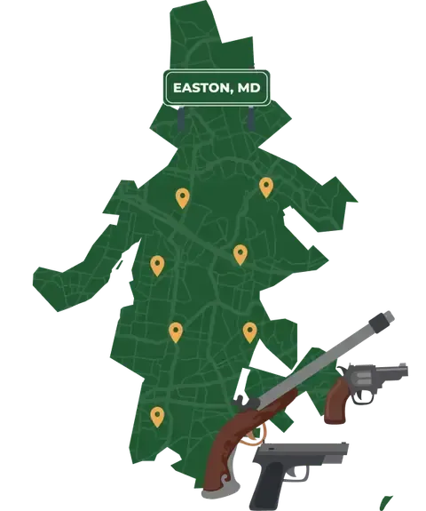 Picture of Easton, Maryland City Map with Easton sign on it and places that we buy guns from.