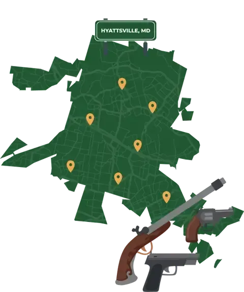 Picture of Hyattsville, Maryland City Map with Hyattsville sign on it and places that we buy guns from.