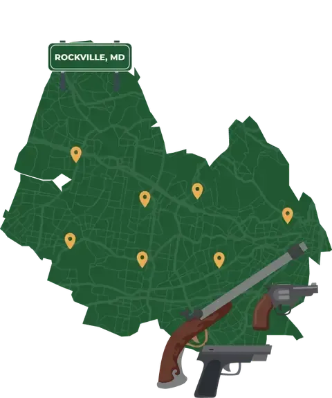 Picture of Rockville, Maryland City Map with Rockville sign on it and places that we buy guns from.