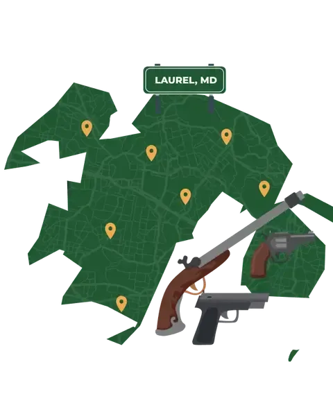 Picture of Laurel, Maryland City Map with Laurel sign on it and places that we buy guns from.