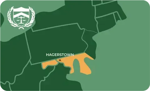 State map with Hagerstown, Maryland highlighted, showing that Cash for Arms purchases guns in Hagerstown