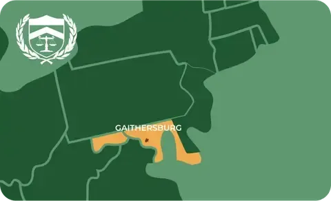 State map with Gaithersburg, Maryland highlighted, showing that Cash for Arms purchases guns in Gaithersburg