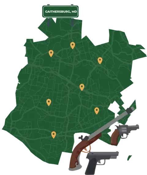 Picture of Gaithersburg, Maryland City Map with Gaithersburg sign on it and places that we buy guns from.