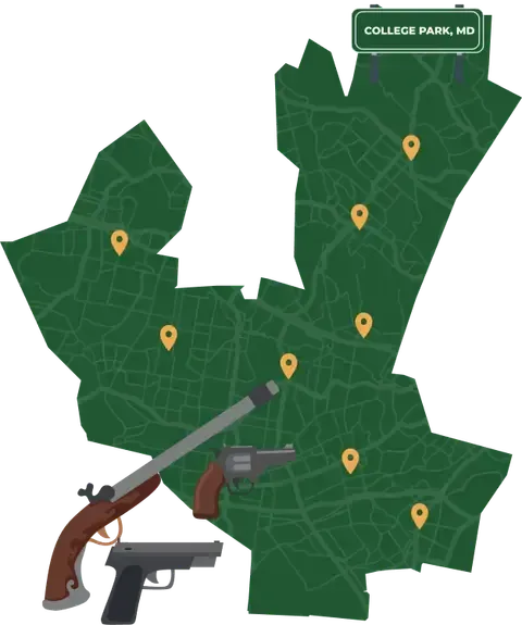 Picture of College Park, Maryland City Map with College Park sign on it and places that we buy guns from.