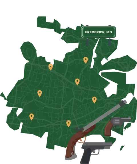 Picture of Frederick, Maryland City Map with Frederick sign on it and places that we buy guns from.