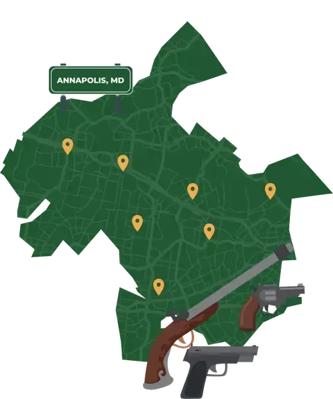 Picture of Annapolis, Maryland City Map with Annapolis sign on it and places that we buy guns from.