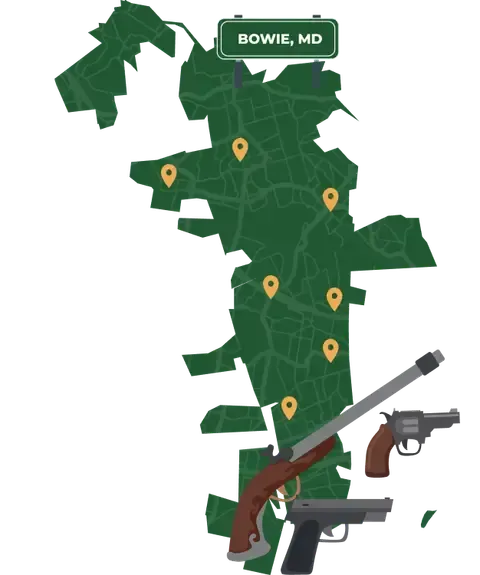 Picture of Bowie, Maryland City Map with Bowie sign on it and places that we buy guns from.