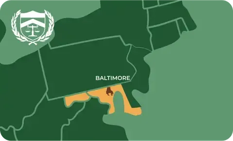 State map with Baltimore, Maryland highlighted, showing that Cash for Arms purchases guns in Baltimore