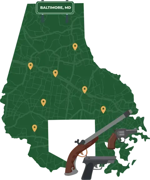 Picture of Baltimore, Maryland City Map with Baltimore sign on it and places that we buy guns from.