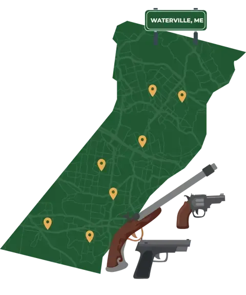 Picture of Waterville, Maine City Map with Waterville sign on it and places that we buy guns from.