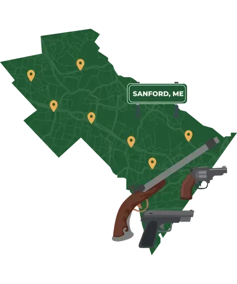 Picture of Sanford, Maine City Map with Sanford sign on it and places that we buy guns from.