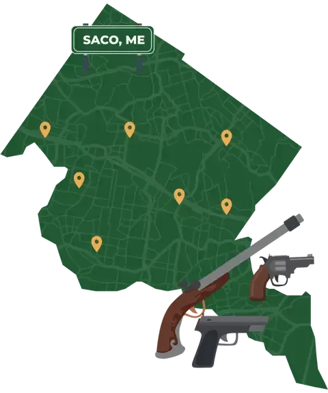 Picture of Saco, Maine City Map with Saco sign on it and places that we buy guns from.