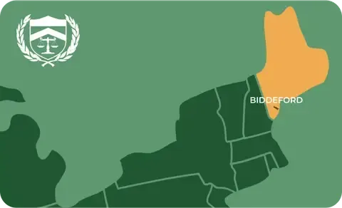 State map with Biddeford, Maine highlighted, showing that Cash for Arms purchases guns in Biddeford