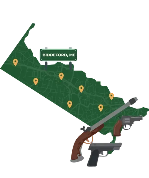 Picture of Biddeford, Maine City Map with Biddeford sign on it and places that we buy guns from.