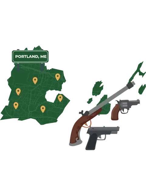Picture of Portland, Maine City Map with Portland sign on it and places that we buy guns from.