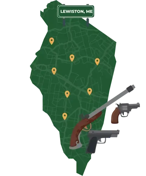 Picture of Lewiston, Maine City Map with Lewiston sign on it and places that we buy guns from.