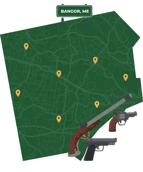 Picture of Bangor, Maine City Map with Bangor sign on it and places that we buy guns from.