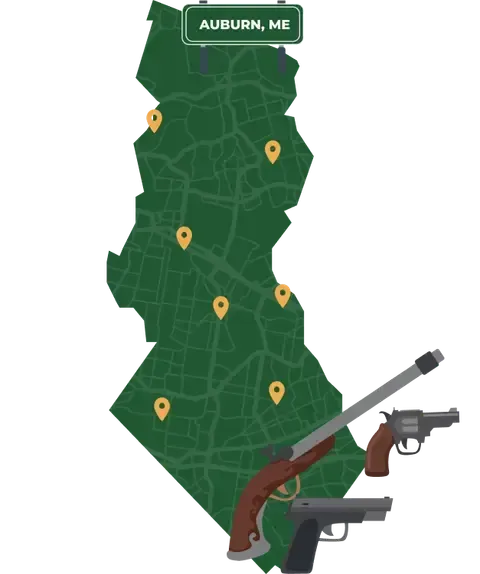 Picture of Auburn, Maine City Map with Auburn sign on it and places that we buy guns from.