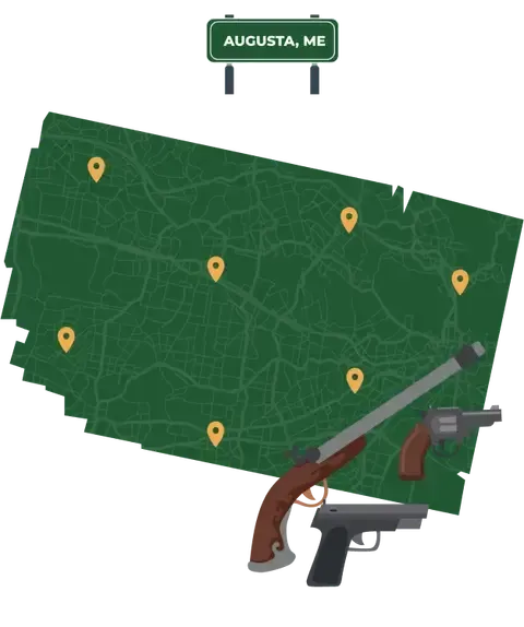 Picture of Augusta, Maine City Map with Augusta sign on it and places that we buy guns from.
