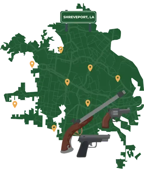 Picture of Shreveport, Louisiana City Map with Shreveport sign on it and places that we buy guns from.