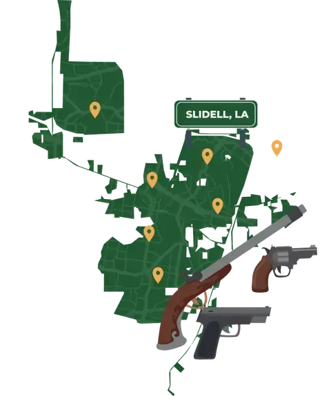 Picture of Slidell, Louisiana City Map with Slidell sign on it and places that we buy guns from.