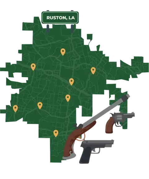 Picture of Ruston, Louisiana City Map with Ruston sign on it and places that we buy guns from.