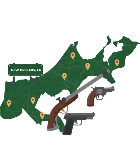 Picture of New Orleans, Louisiana City Map with New Orleans sign on it and places that we buy guns from.